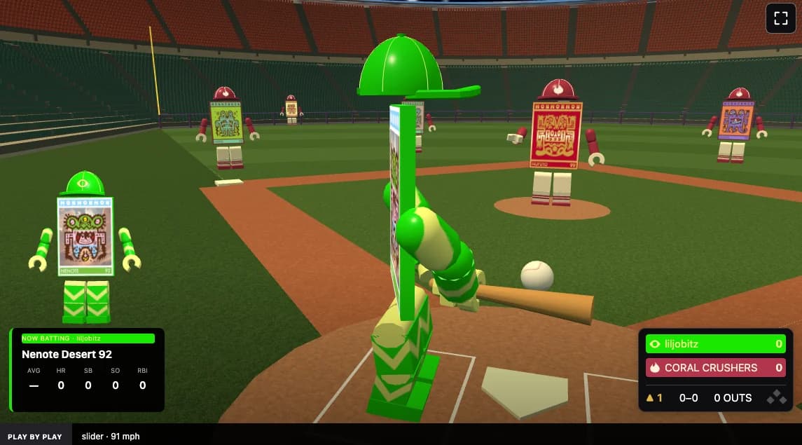 MONMONMON baseball gameplay with a batter, fielders, and the live scoreboard