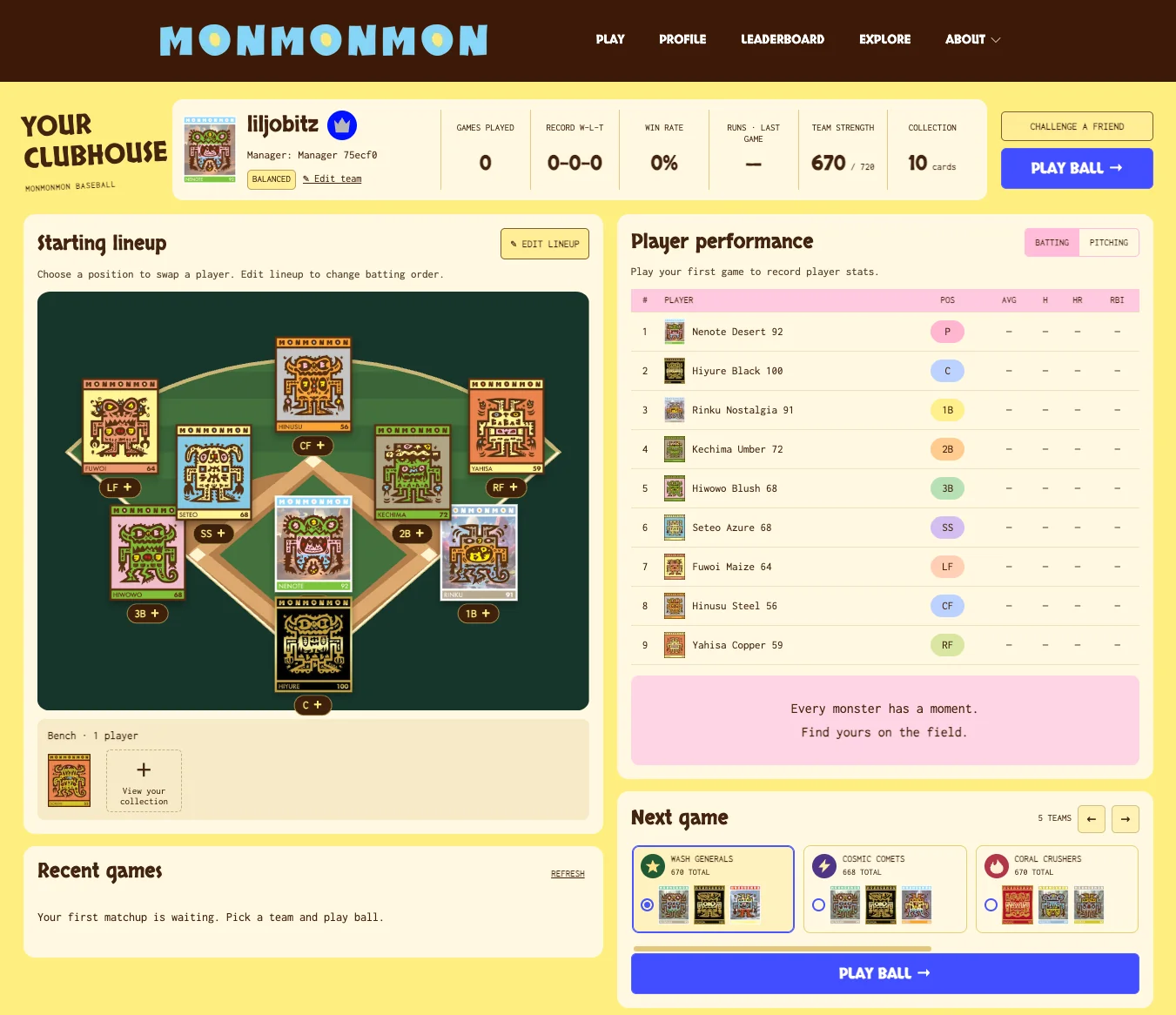 MONMONMON clubhouse showing a starting lineup, player statistics, and available opponents